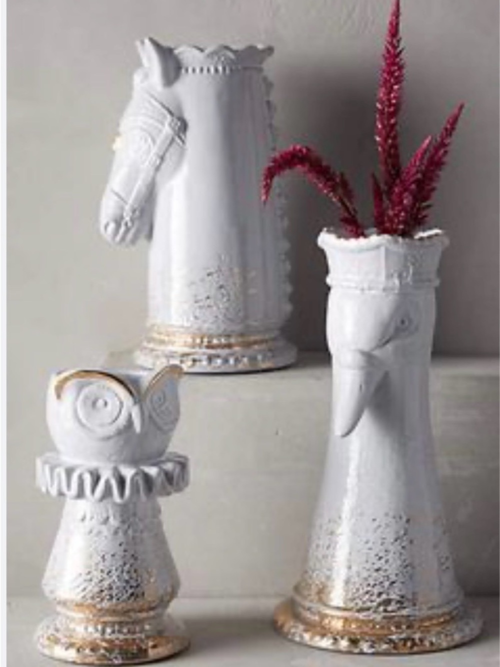 Rare Set of 3 Anthropologie Chess Piece Vases with Gold Trim
